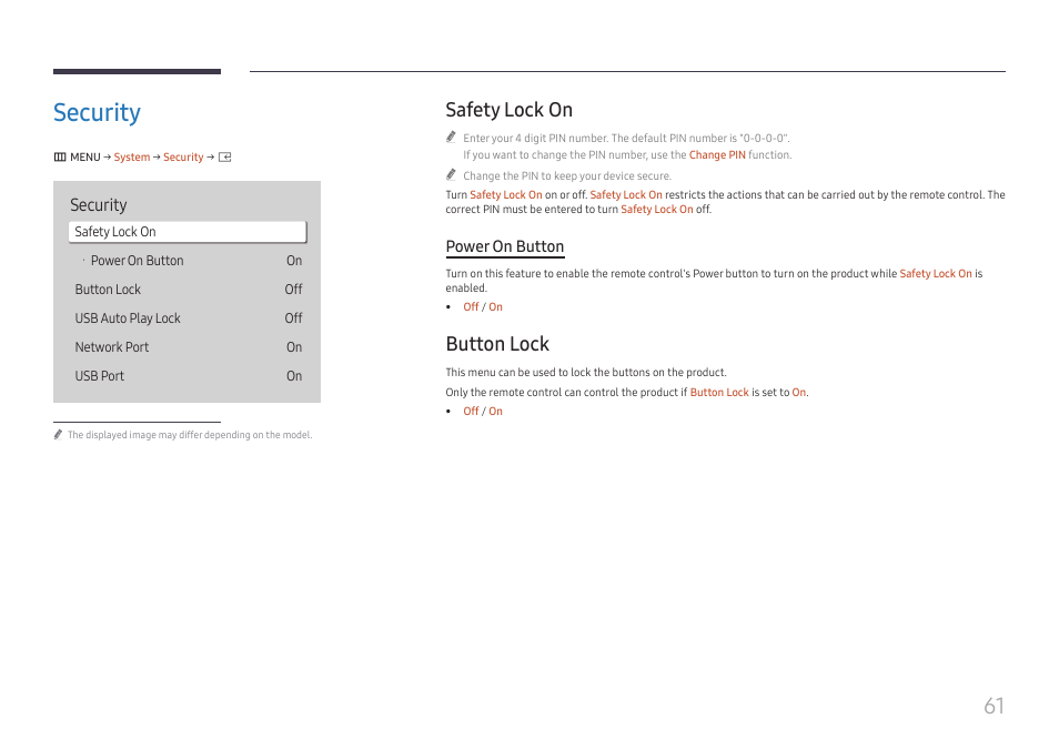 Security, Safety lock on, Button lock | Security 61, Safety lock on 61 button lock 61, Power on button | Samsung UHD Signage Player Box User Manual | Page 61 / 73