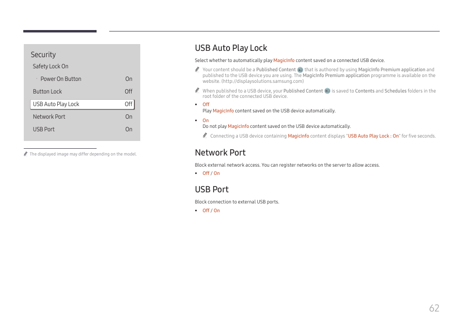 Usb auto play lock, Network port, Usb port | Usb auto play lock 62 network port 62 usb port 62, Security | Samsung UHD Signage Player Box User Manual | Page 62 / 73