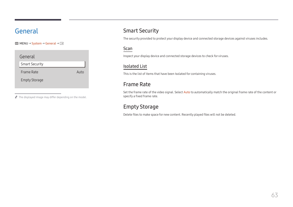 General, Smart security, Frame rate | Empty storage, General 63, Smart security 63 frame rate 63, Empty storage 63 | Samsung UHD Signage Player Box User Manual | Page 63 / 73