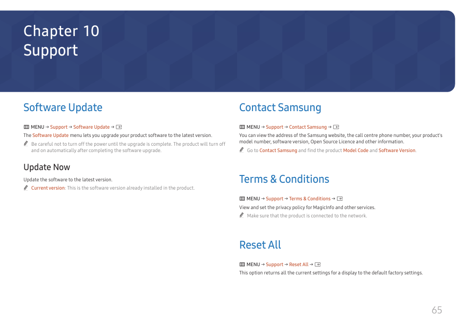 Support, Software update, Update now | Contact samsung, Terms & conditions, Reset all, Software update 65, Update now 65, Contact samsung 65, Terms & conditions 65 | Samsung UHD Signage Player Box User Manual | Page 65 / 73