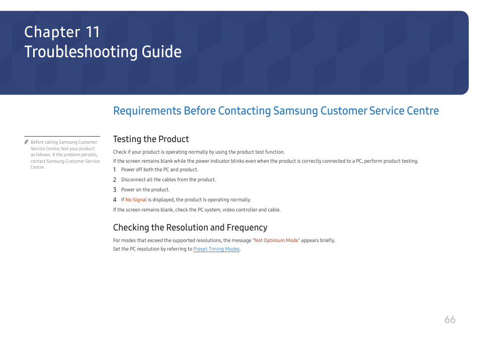 Troubleshooting guide, Testing the product, Checking the resolution and frequency | Requirements before contacting samsung, Customer service centre, Chapter 11 | Samsung UHD Signage Player Box User Manual | Page 66 / 73