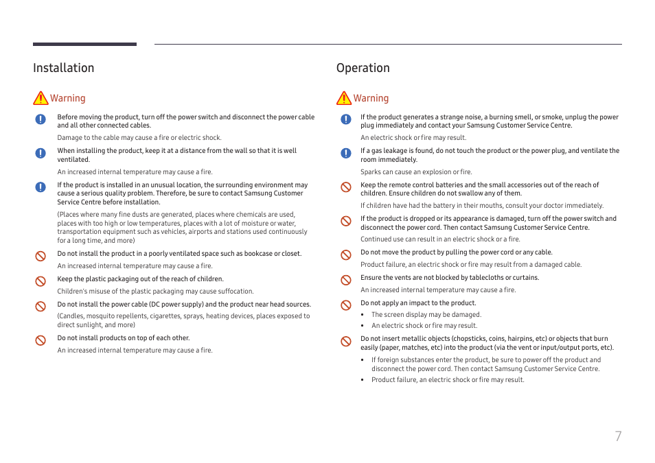 Installation, Operation, Installation 7 operation 7 | Warning | Samsung UHD Signage Player Box User Manual | Page 7 / 73