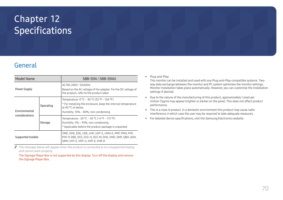 Specifications, General, General 70 | Chapter 12 | Samsung UHD Signage Player Box User Manual | Page 70 / 73