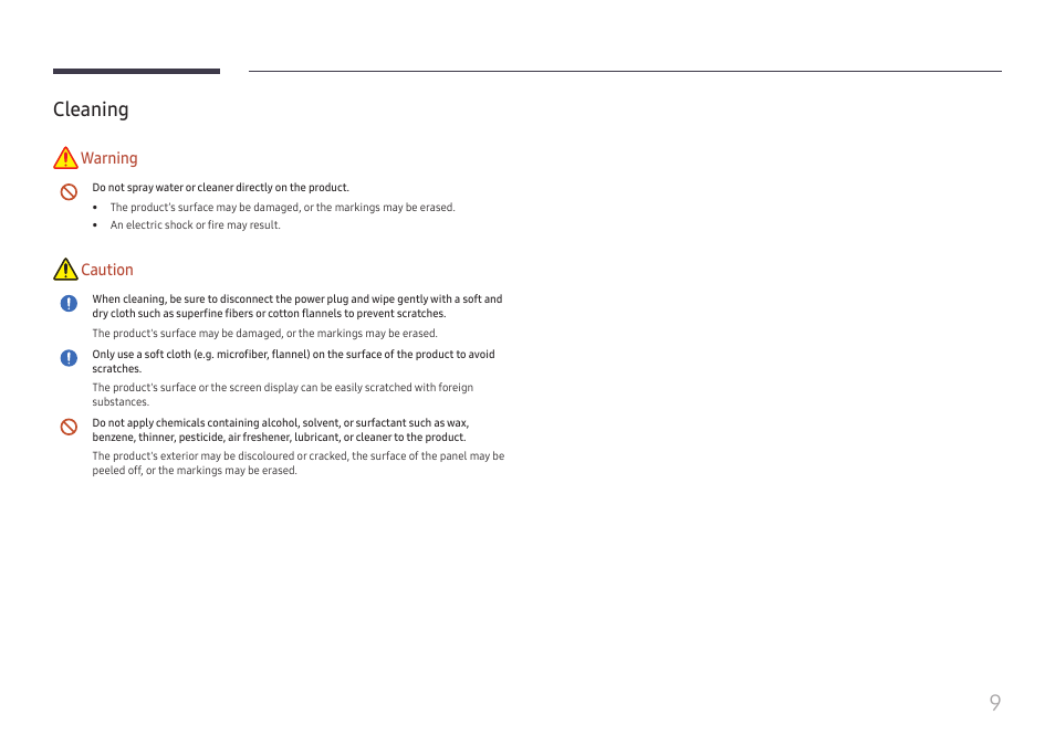 Cleaning, Cleaning 9, Warning | Caution | Samsung UHD Signage Player Box User Manual | Page 9 / 73
