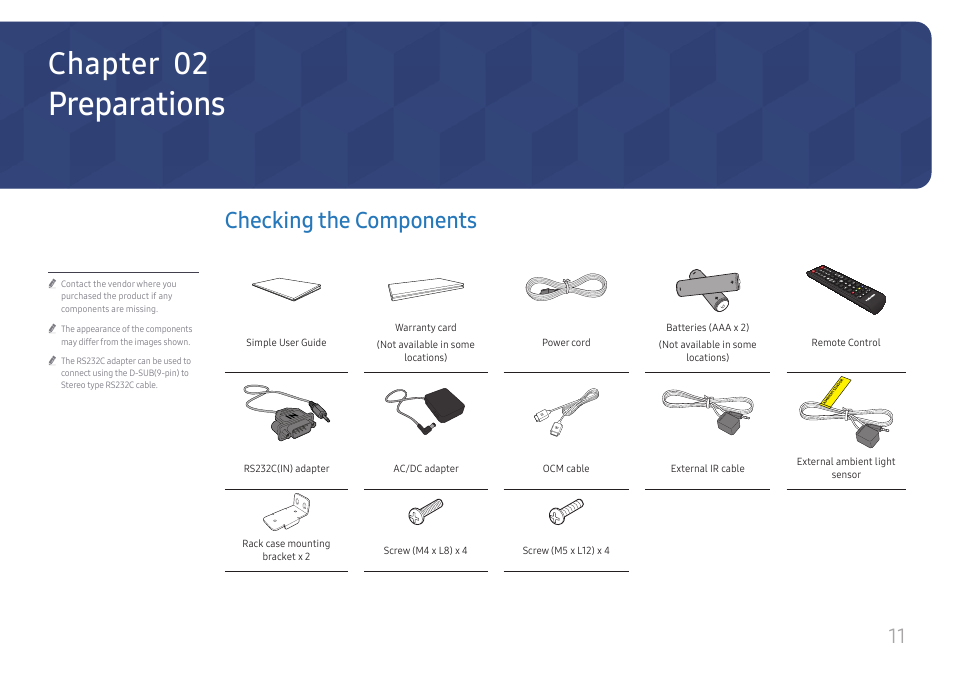 Preparations, Checking the components, Chapter 02 | Samsung S-Box Signage UHD Player Pro User Manual | Page 11 / 99