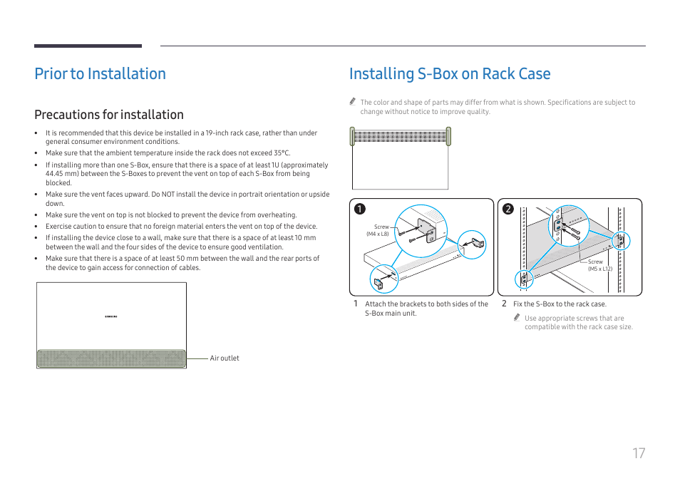 Prior to installation, Precautions for installation, Installing s-box on rack case | Samsung S-Box Signage UHD Player Pro User Manual | Page 17 / 99