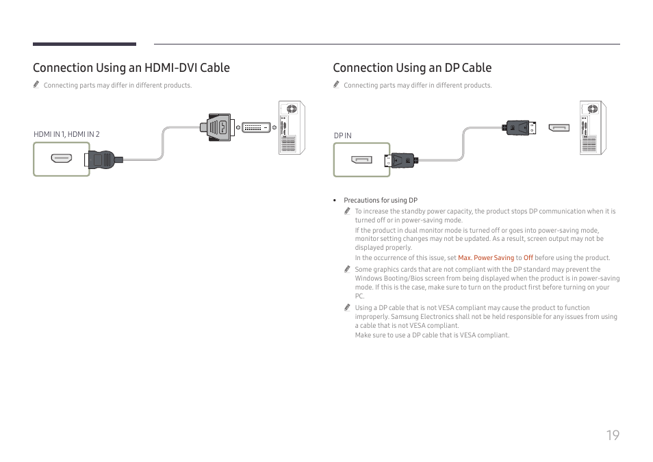 Connection using an hdmi-dvi cable, Connection using an dp cable | Samsung S-Box Signage UHD Player Pro User Manual | Page 19 / 99