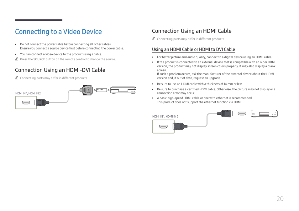 Connecting to a video device, Connection using an hdmi-dvi cable, Connection using an hdmi cable | Using an hdmi cable or hdmi to dvi cable | Samsung S-Box Signage UHD Player Pro User Manual | Page 20 / 99