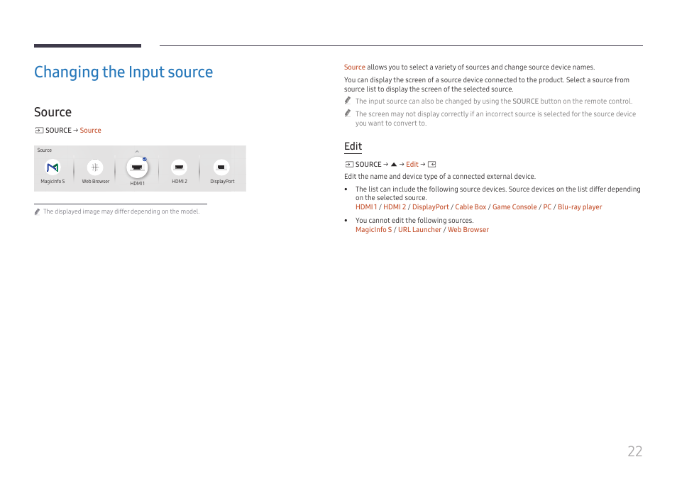 Changing the input source, Source, Source 22 | Edit | Samsung S-Box Signage UHD Player Pro User Manual | Page 22 / 99