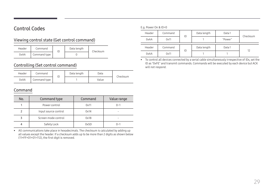 Control codes, Viewing control state (get control command), Controlling (set control command) | Command | Samsung S-Box Signage UHD Player Pro User Manual | Page 29 / 99