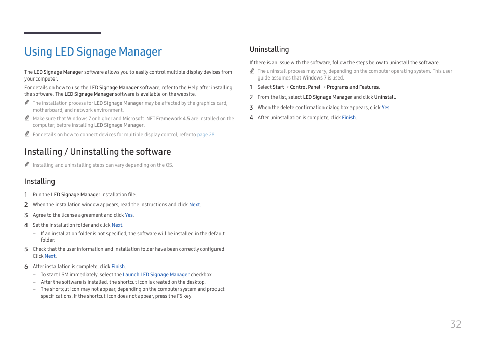 Using led signage manager, Installing / uninstalling the software, Installing | Uninstalling | Samsung S-Box Signage UHD Player Pro User Manual | Page 32 / 99