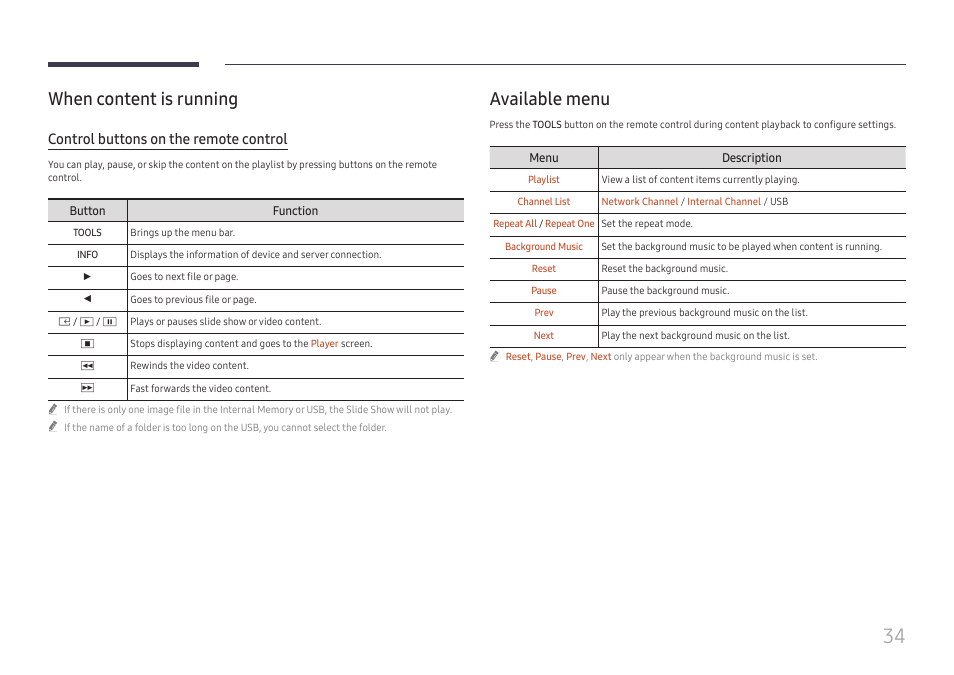 When content is running, Available menu, Control buttons on the remote control | Samsung S-Box Signage UHD Player Pro User Manual | Page 34 / 99