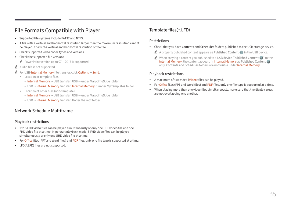 File formats compatible with player, File formats compatible with player 35, Network schedule multiframe | Template files(*.lfd) | Samsung S-Box Signage UHD Player Pro User Manual | Page 35 / 99