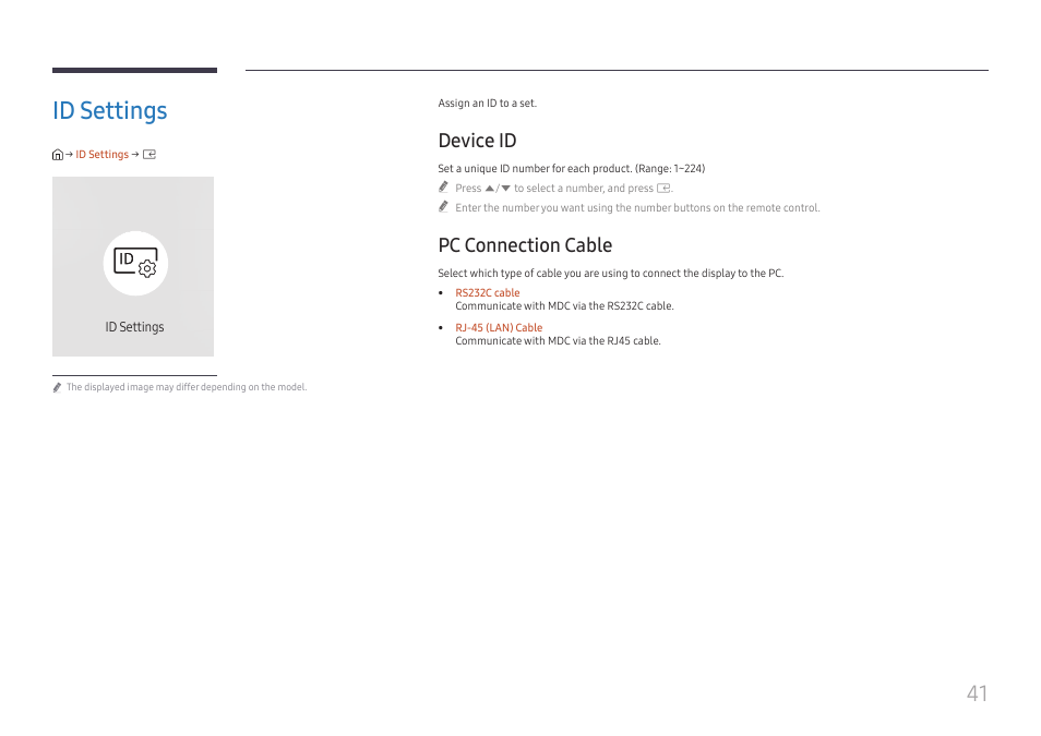 Id settings, Device id, Pc connection cable | Id settings 41, Device id 41 pc connection cable 41 | Samsung S-Box Signage UHD Player Pro User Manual | Page 41 / 99