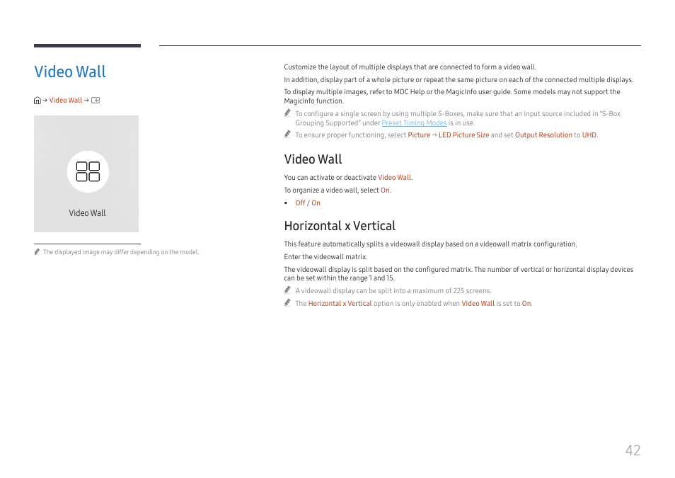 Video wall, Horizontal x vertical, Video wall 42 | Video wall 42 horizontal x vertical 42 | Samsung S-Box Signage UHD Player Pro User Manual | Page 42 / 99