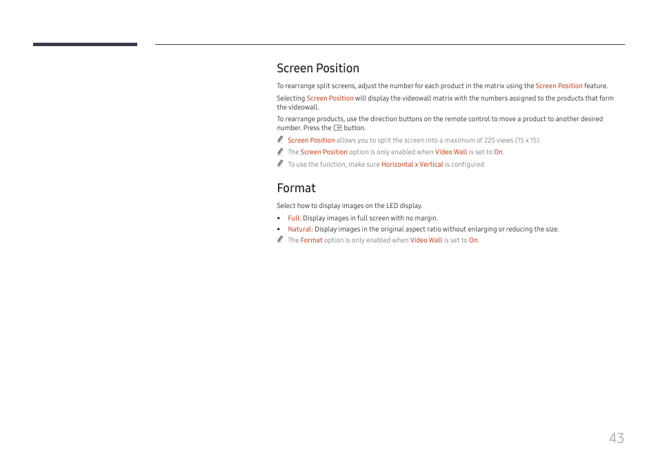 Screen position, Format, Screen position 43 format 43 | Samsung S-Box Signage UHD Player Pro User Manual | Page 43 / 99