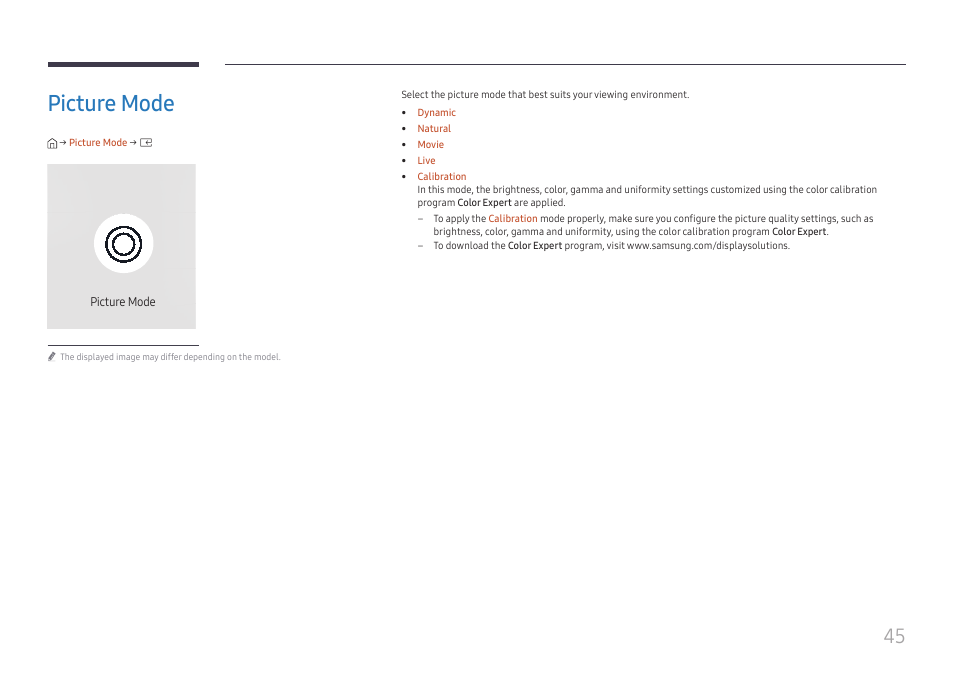 Picture mode, Picture mode 45 | Samsung S-Box Signage UHD Player Pro User Manual | Page 45 / 99