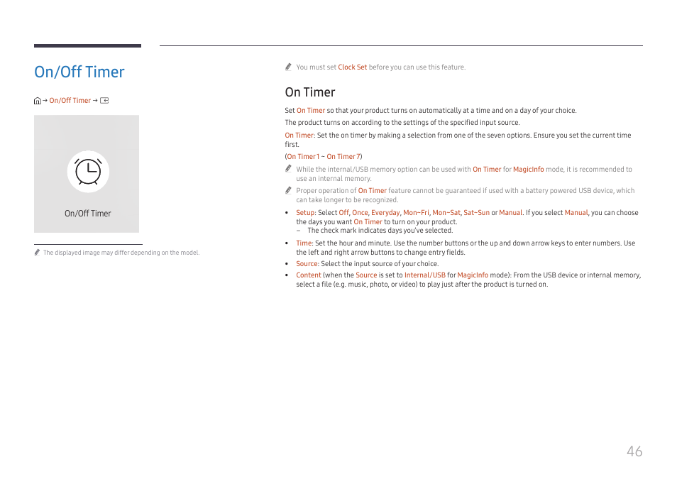 On/off timer, On timer, On/off timer 46 | On timer 46 | Samsung S-Box Signage UHD Player Pro User Manual | Page 46 / 99