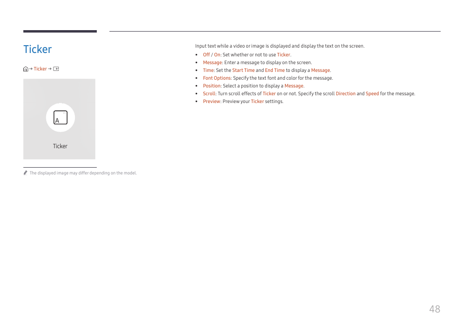Ticker, Ticker 48 | Samsung S-Box Signage UHD Player Pro User Manual | Page 48 / 99