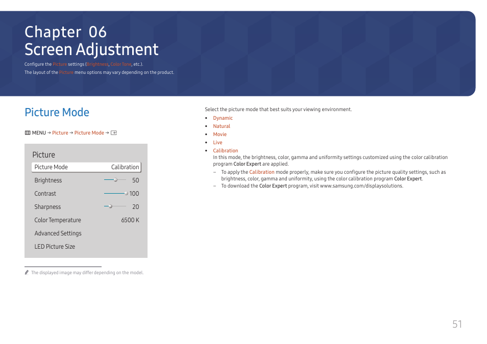 Screen adjustment, Picture mode, Picture mode 51 | Chapter 06, Picture | Samsung S-Box Signage UHD Player Pro User Manual | Page 51 / 99