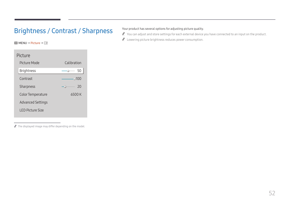 Brightness / contrast / sharpness, Brightness / contrast / sharpness 52, Picture | Samsung S-Box Signage UHD Player Pro User Manual | Page 52 / 99