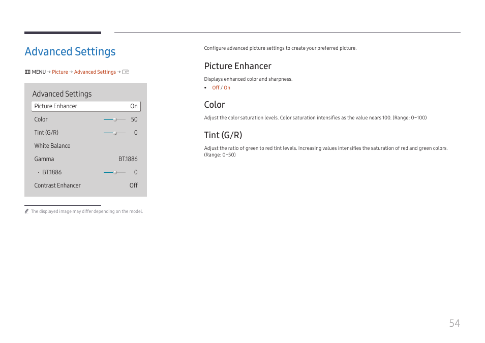 Advanced settings, Picture enhancer, Color | Tint (g/r), Advanced settings 54, Picture enhancer 54 color 54 tint (g/r) 54 | Samsung S-Box Signage UHD Player Pro User Manual | Page 54 / 99