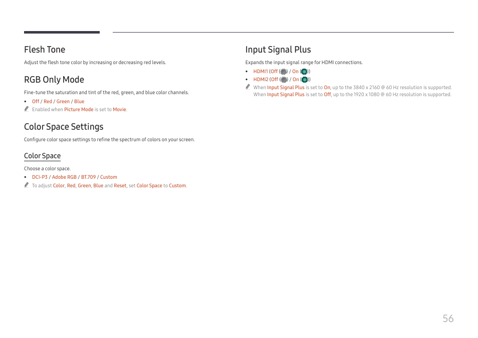 Flesh tone, Rgb only mode, Color space settings | Input signal plus, Color space | Samsung S-Box Signage UHD Player Pro User Manual | Page 56 / 99