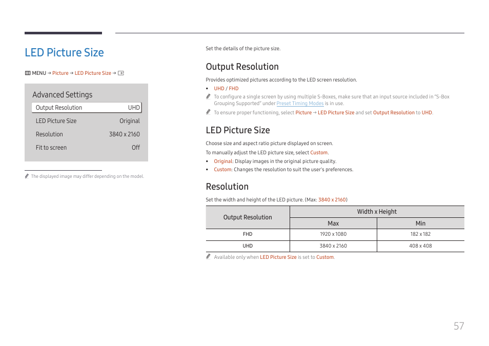 Led picture size, Output resolution, Resolution | Led picture size 57, Advanced settings | Samsung S-Box Signage UHD Player Pro User Manual | Page 57 / 99