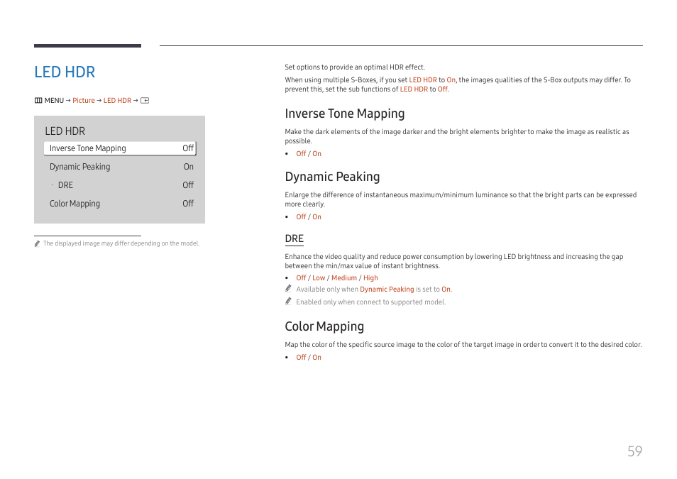 Led hdr, Inverse tone mapping, Dynamic peaking | Color mapping, Led hdr 59 | Samsung S-Box Signage UHD Player Pro User Manual | Page 59 / 99