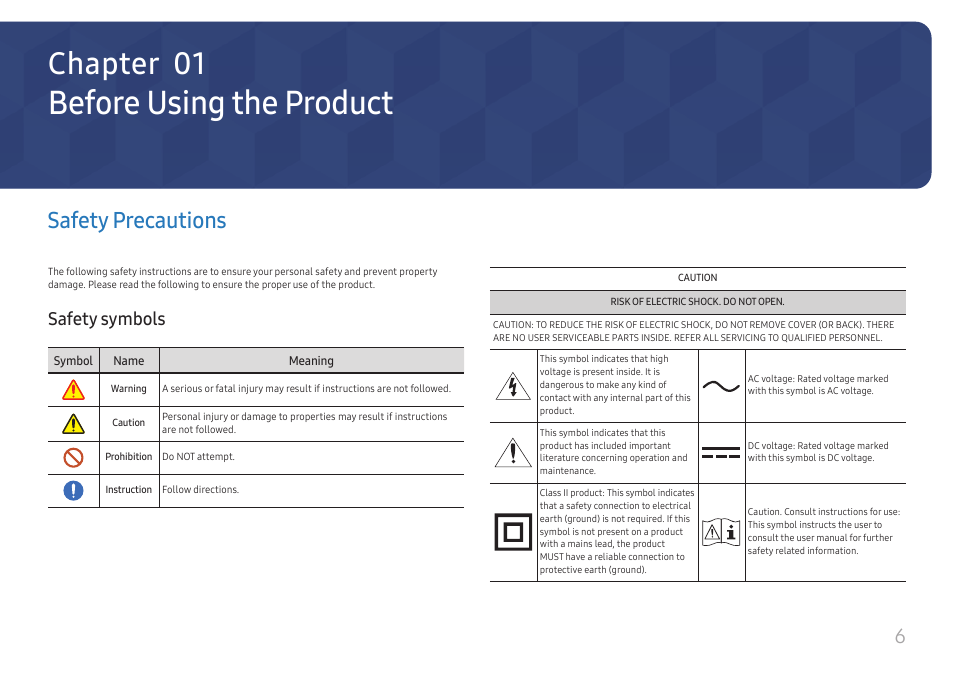 Before using the product, Safety precautions, Safety symbols | Chapter 01 | Samsung S-Box Signage UHD Player Pro User Manual | Page 6 / 99