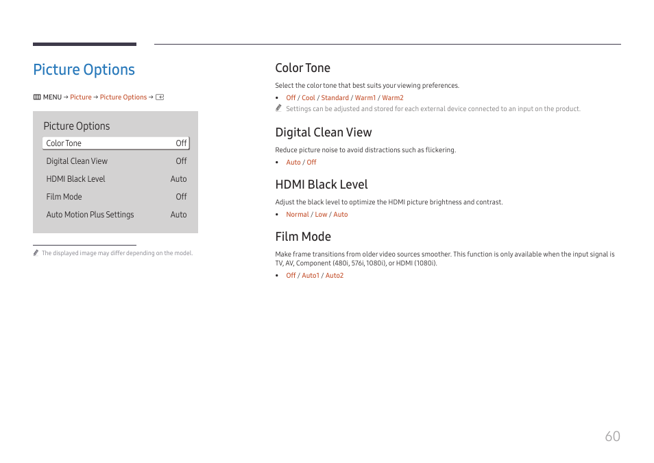 Picture options, Color tone, Digital clean view | Hdmi black level, Film mode, Picture options 60, Color tone 60 digital clean view 60, Hdmi black level 60 film mode 60 | Samsung S-Box Signage UHD Player Pro User Manual | Page 60 / 99