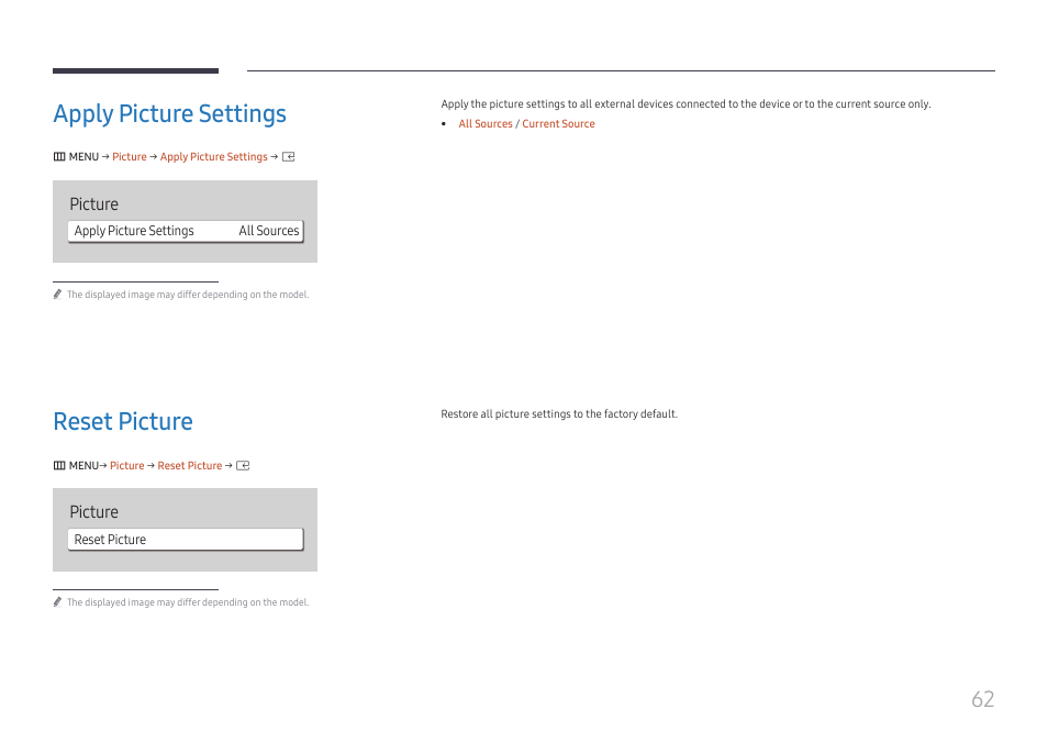 Apply picture settings, Reset picture, Apply picture settings 62 | Reset picture 62, Picture | Samsung S-Box Signage UHD Player Pro User Manual | Page 62 / 99