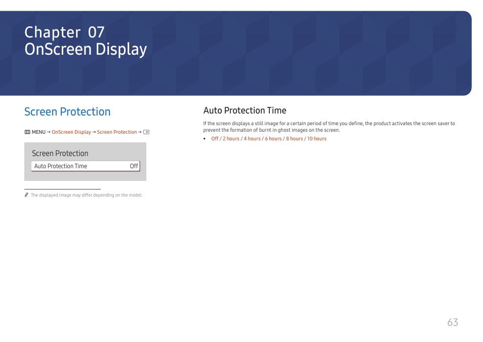 Onscreen display, Screen protection, Auto protection time | Screen protection 63, Auto protection time 63, Chapter 07 | Samsung S-Box Signage UHD Player Pro User Manual | Page 63 / 99