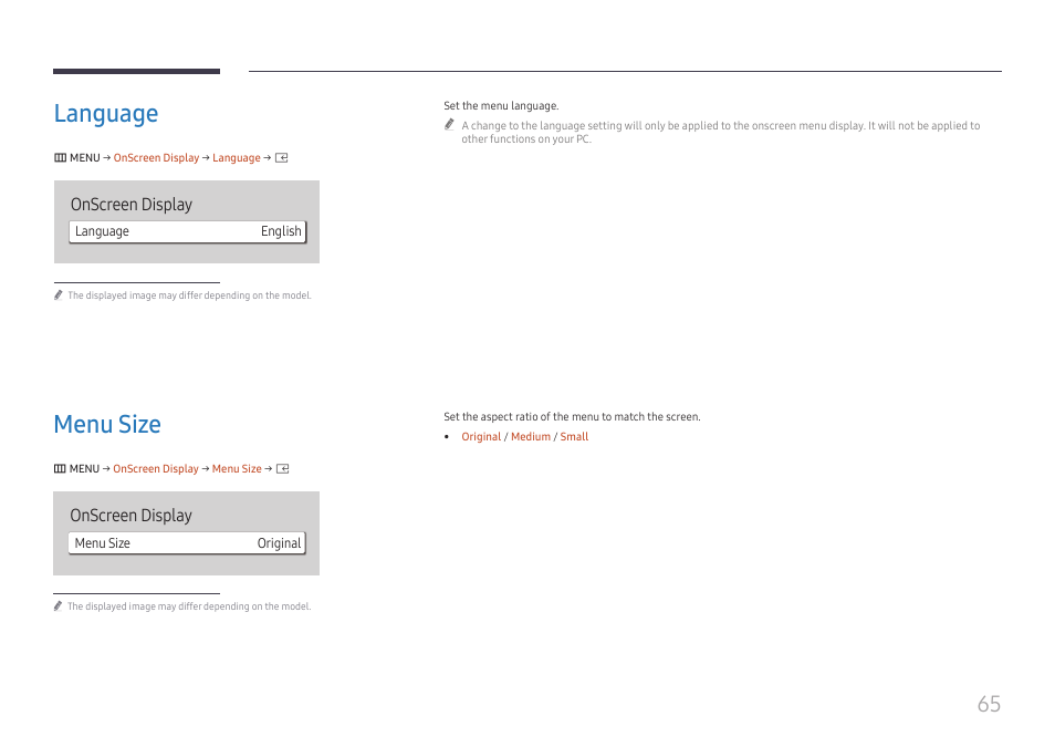 Language, Menu size, Language 65 | Menu size 65, Onscreen display | Samsung S-Box Signage UHD Player Pro User Manual | Page 65 / 99