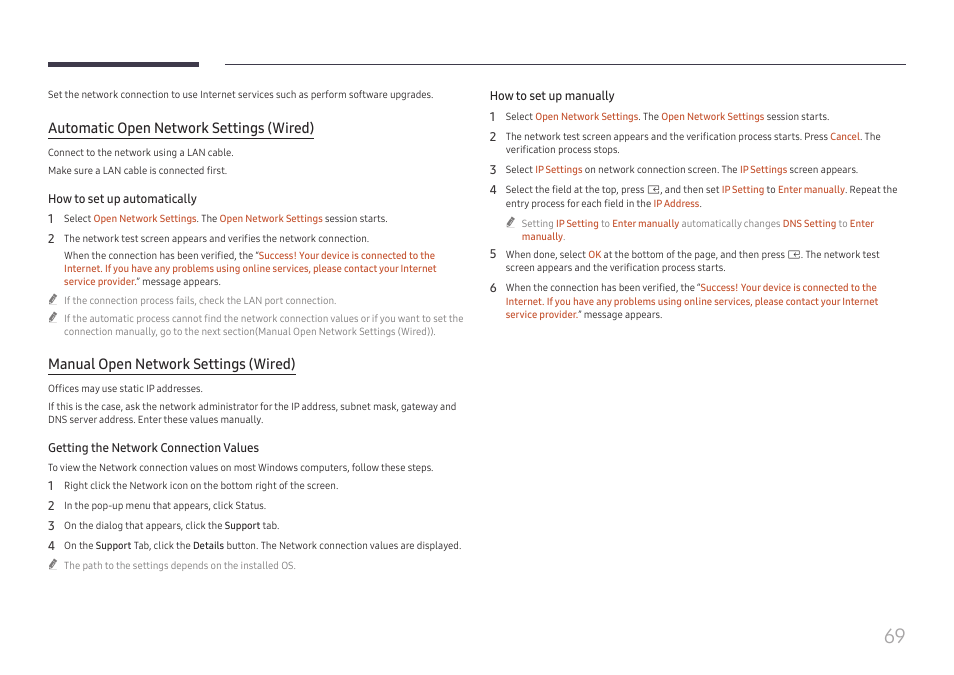 Automatic open network settings (wired), Manual open network settings (wired) | Samsung S-Box Signage UHD Player Pro User Manual | Page 69 / 99