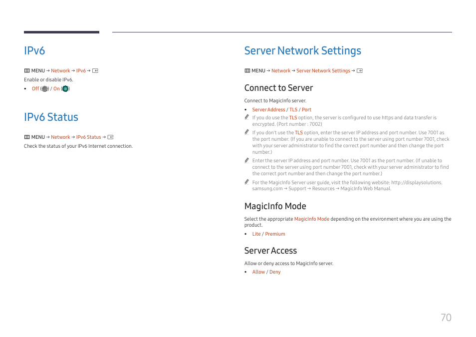 Ipv6, Ipv6 status, Server network settings | Connect to server, Magicinfo mode, Server access, Ipv6 70, Ipv6 status 70, Server network settings 70 | Samsung S-Box Signage UHD Player Pro User Manual | Page 70 / 99