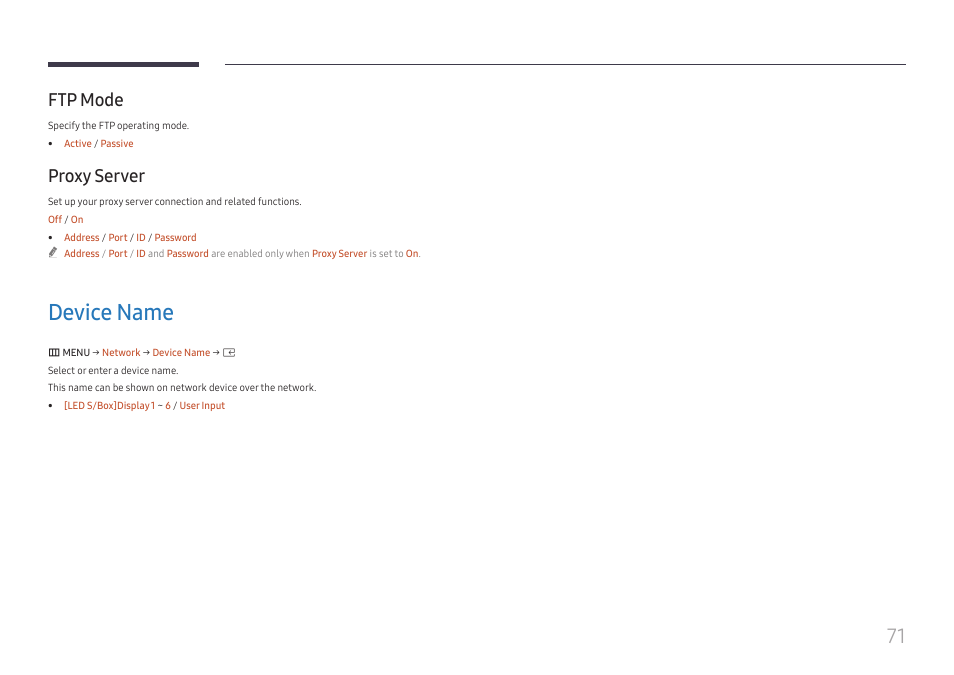 Ftp mode, Proxy server, Device name | Ftp mode 71 proxy server 71, Device name 71 | Samsung S-Box Signage UHD Player Pro User Manual | Page 71 / 99