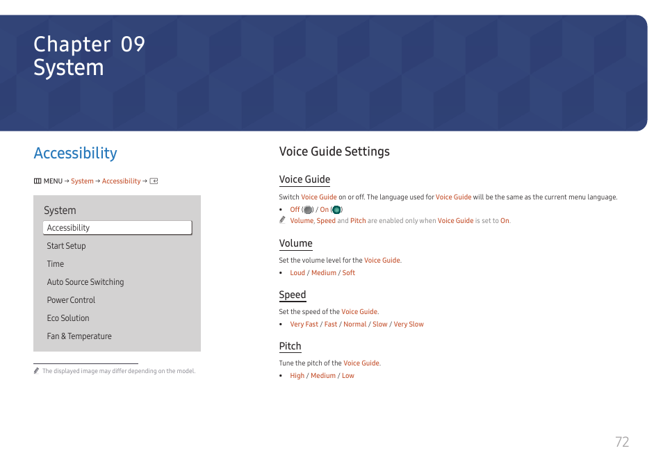 System, Accessibility, Voice guide settings | Accessibility 72, Voice guide settings 72, Chapter 09, Voice guide, Volume, Speed, Pitch | Samsung S-Box Signage UHD Player Pro User Manual | Page 72 / 99