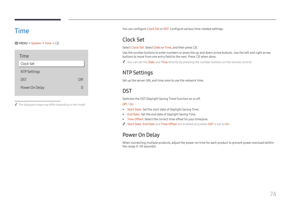 Time, Clock set, Ntp settings | Power on delay, Time 74 | Samsung S-Box Signage UHD Player Pro User Manual | Page 74 / 99
