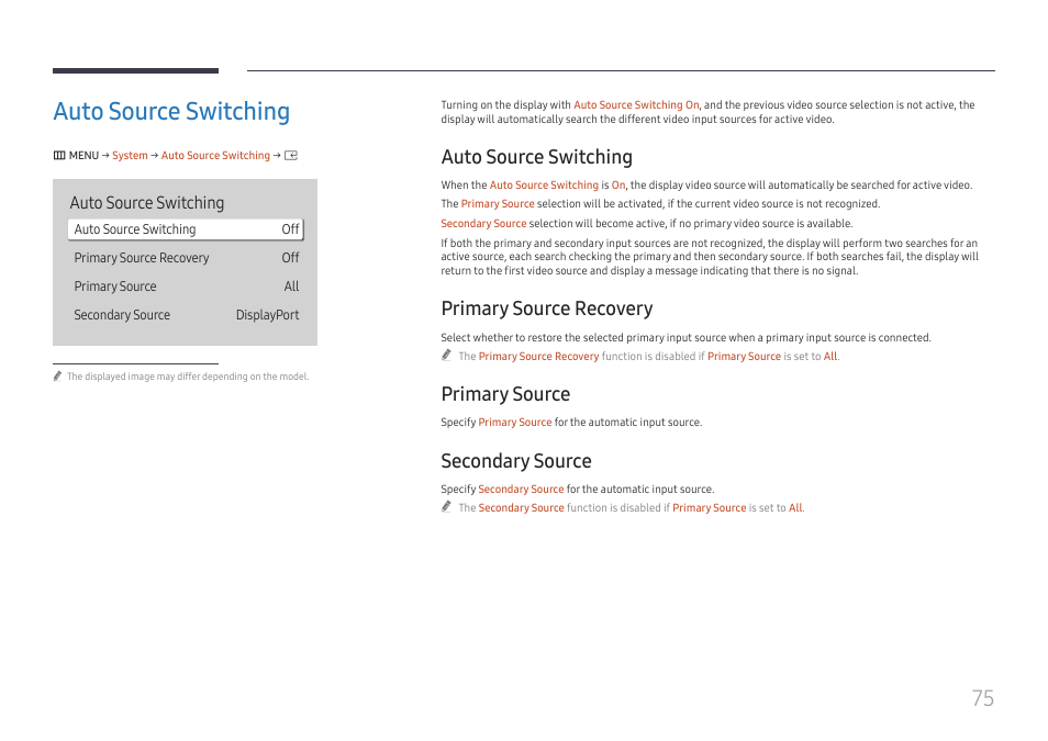Auto source switching, Primary source recovery, Primary source | Secondary source, Auto source switching 75 | Samsung S-Box Signage UHD Player Pro User Manual | Page 75 / 99