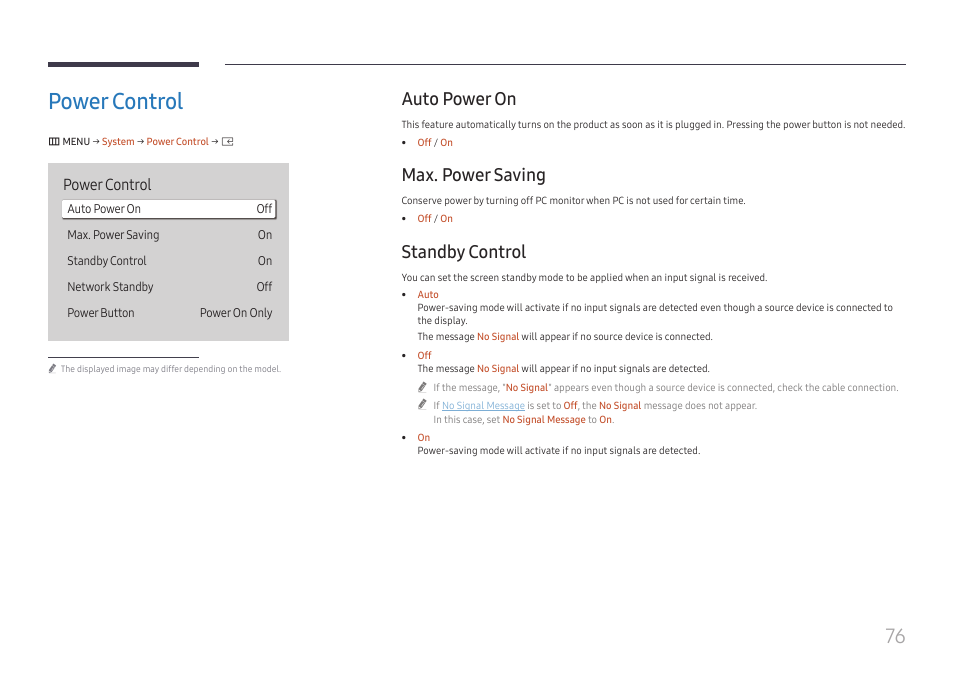 Power control, Auto power on, Max. power saving | Standby control, Power control 76 | Samsung S-Box Signage UHD Player Pro User Manual | Page 76 / 99