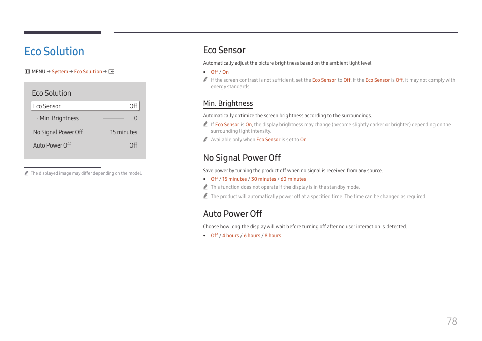 Eco solution, Eco sensor, No signal power off | Auto power off, Eco solution 78, Min. brightness | Samsung S-Box Signage UHD Player Pro User Manual | Page 78 / 99