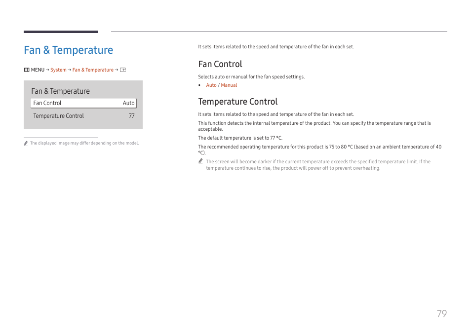 Fan & temperature, Fan control, Temperature control | Fan & temperature 79, Fan control 79, Temperature control 79 | Samsung S-Box Signage UHD Player Pro User Manual | Page 79 / 99
