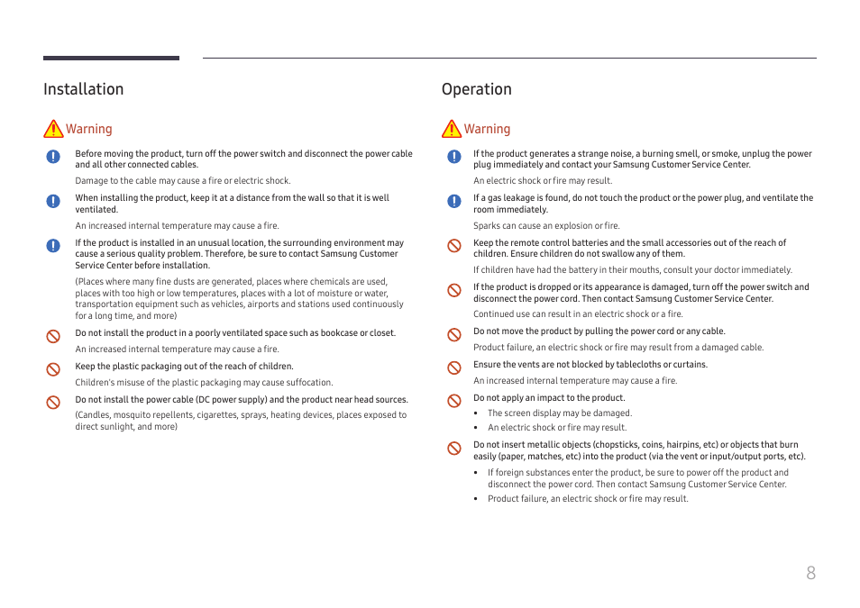 Installation, Operation, Installation 8 operation 8 | Warning | Samsung S-Box Signage UHD Player Pro User Manual | Page 8 / 99