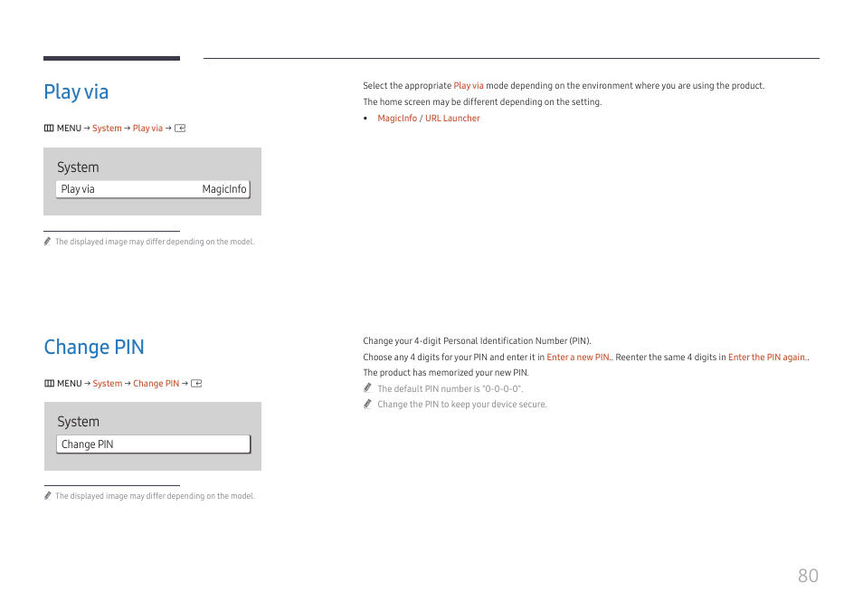 Play via, Change pin, Play via 80 | Change pin 80, System | Samsung S-Box Signage UHD Player Pro User Manual | Page 80 / 99