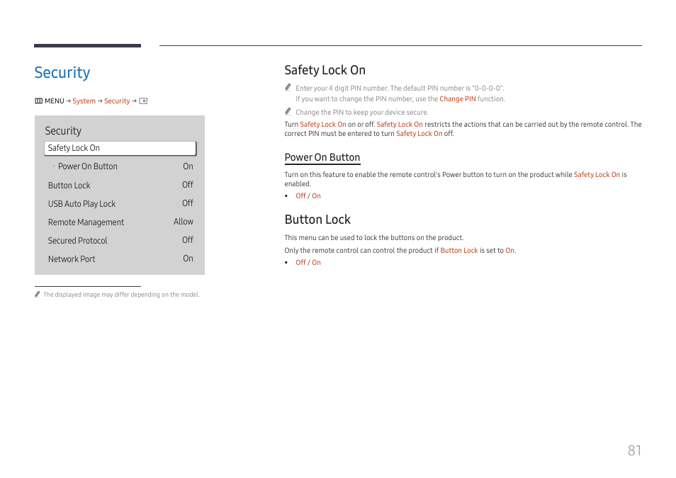 Security, Safety lock on, Button lock | Security 81, Safety lock on 81 button lock 81, Power on button | Samsung S-Box Signage UHD Player Pro User Manual | Page 81 / 99