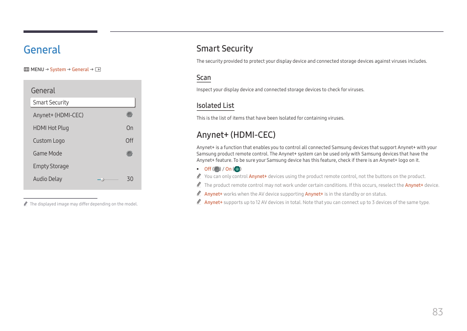 General, Smart security, Anynet+ (hdmi-cec) | General 83, Smart security 83 anynet+ (hdmi-cec) 83, Scan, Isolated list | Samsung S-Box Signage UHD Player Pro User Manual | Page 83 / 99