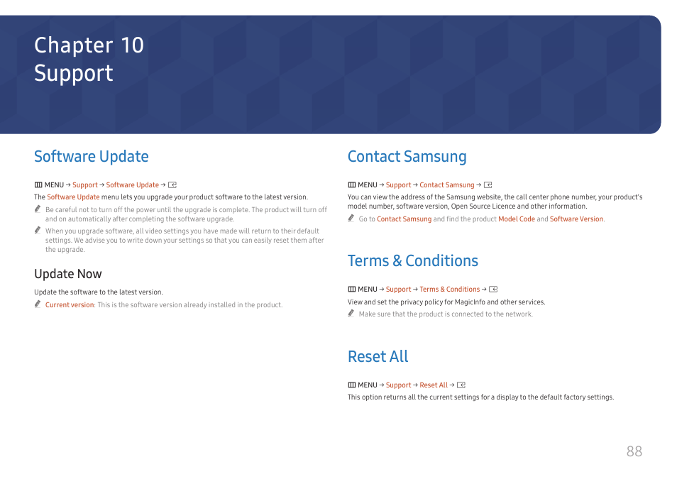 Support, Software update, Update now | Contact samsung, Terms & conditions, Reset all, Software update 88, Update now 88, Contact samsung 88, Terms & conditions 88 | Samsung S-Box Signage UHD Player Pro User Manual | Page 88 / 99