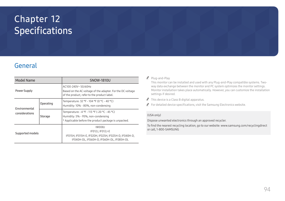 Specifications, General, General 94 | Chapter 12 | Samsung S-Box Signage UHD Player Pro User Manual | Page 94 / 99