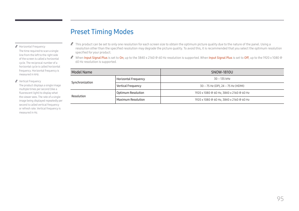 Preset timing modes | Samsung S-Box Signage UHD Player Pro User Manual | Page 95 / 99